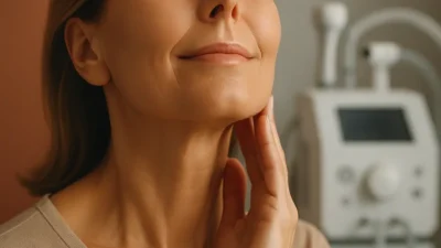 ファセラ施術後、引き締まったフェイスラインとハリのある肌を持つ女性のクローズアップ画像。肌の質感と若々しさを強調。