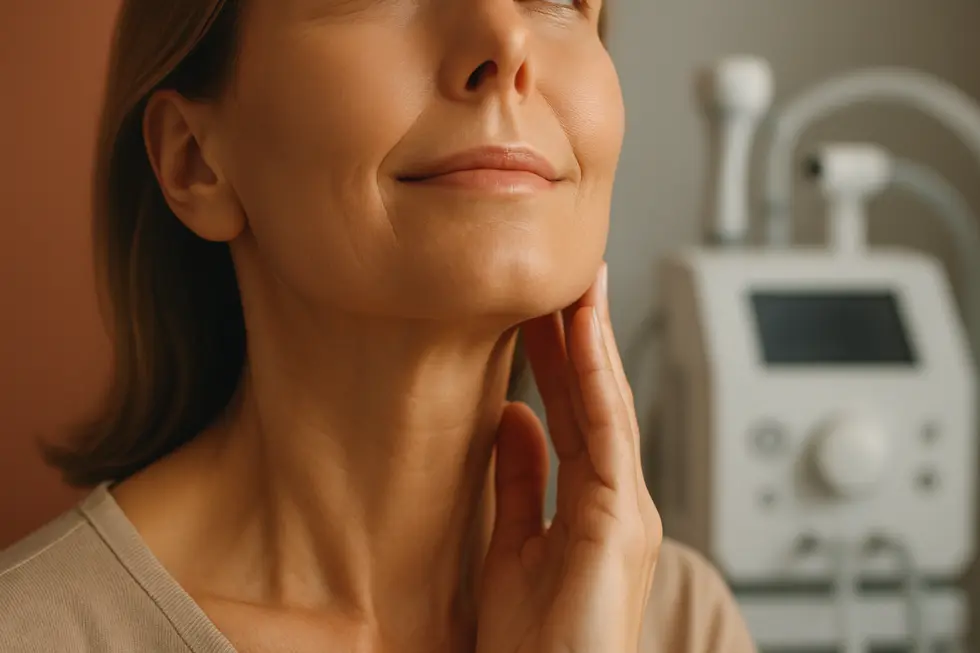 ファセラ施術後、引き締まったフェイスラインとハリのある肌を持つ女性のクローズアップ画像。肌の質感と若々しさを強調。