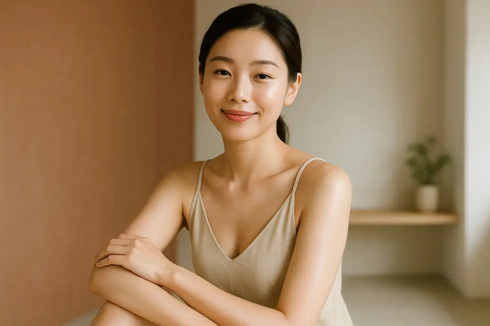 なめらかで美しい肌を持つ、自信に満ちた笑顔の女性。医療レーザー脱毛後の理想的な状態を表現しています。