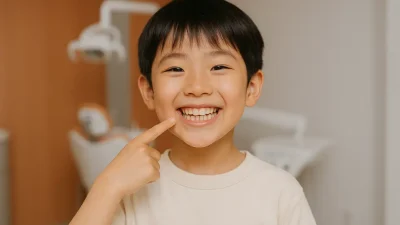 機能性矯正で明るく健康的な笑顔になった8歳くらいの日本人の子供が口元を指さして笑っている様子。