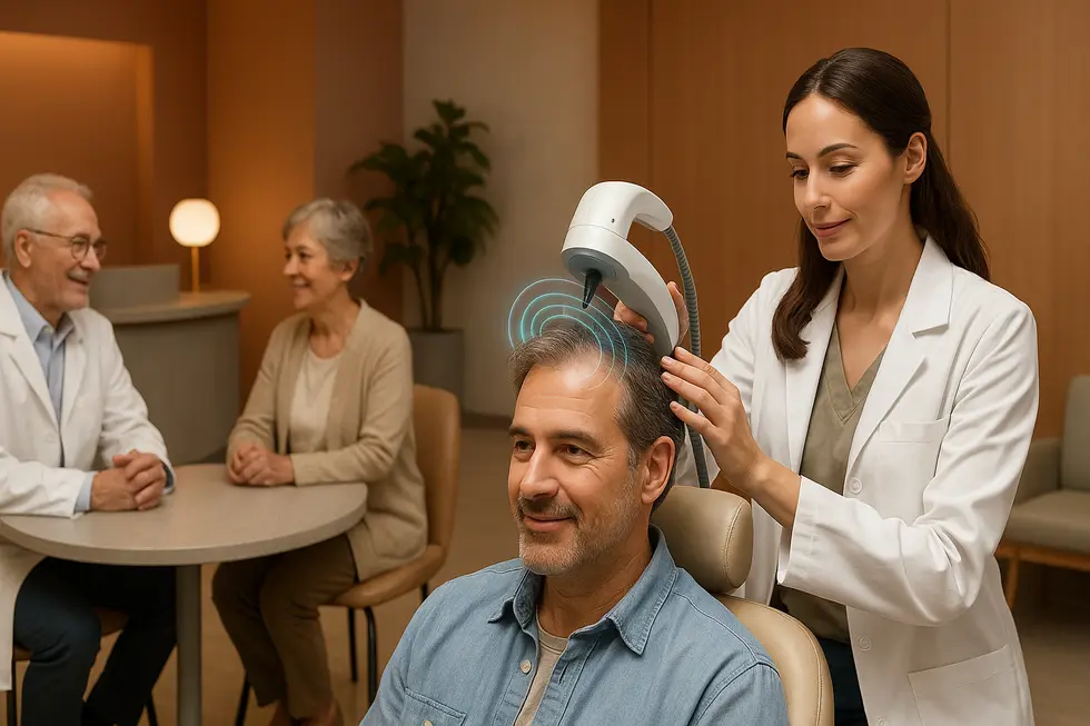 磁場を利用したヘアセル脱毛症治療を受ける人々が集う、モダンなクリニックの様子。