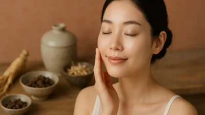 Clear-skinned woman reflecting natural beauty, surrounded by Hanbang ingredients, representing holistic Korean skincare.