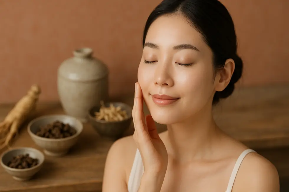 Clear-skinned woman reflecting natural beauty, surrounded by Hanbang ingredients, representing holistic Korean skincare.