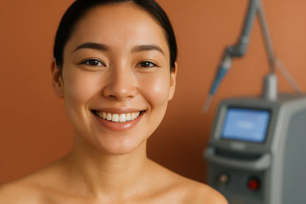 インディゴレーザー治療により、ニキビが改善され、明るく自信に満ちた笑顔を見せる女性の顔のクローズアップ画像。