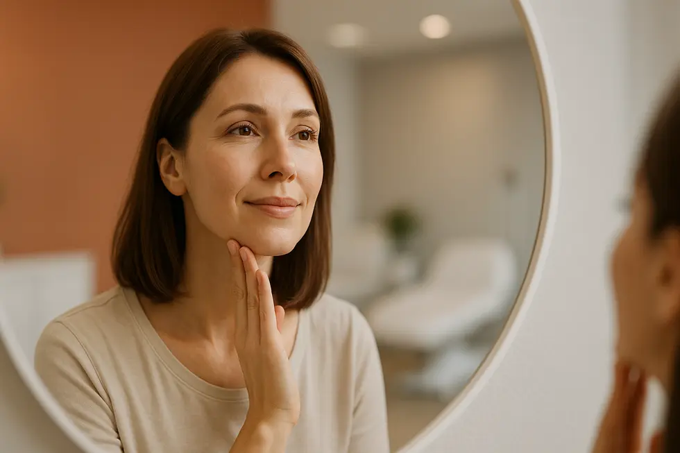 鏡に映る自身の顎のラインに触れ、期待に満ちた表情を浮かべる30代後半の女性。