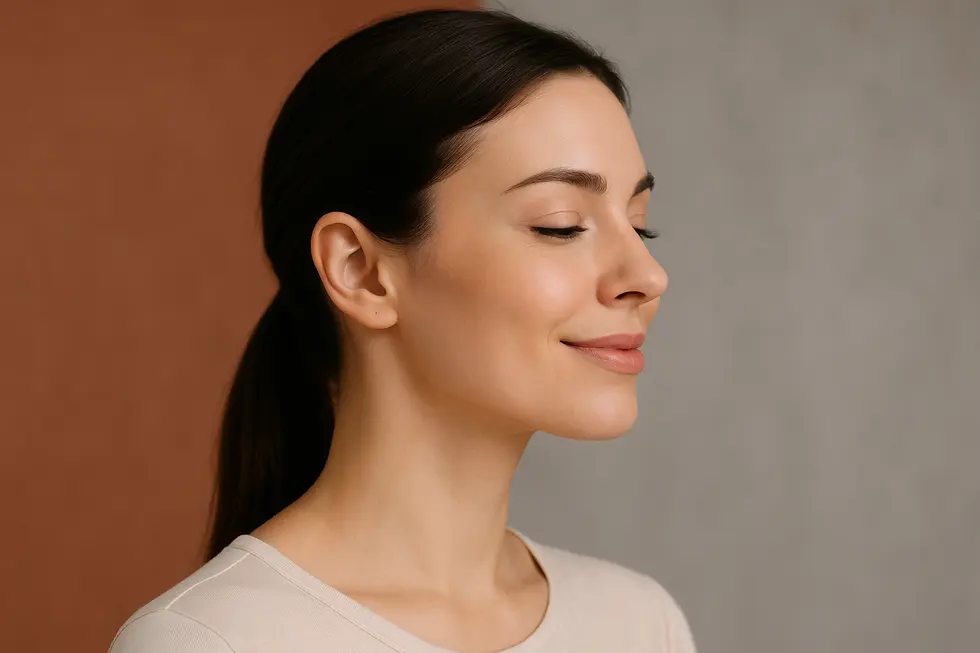 顎ボトックスによって小顔になり、自信に満ちた表情の女性の横顔。