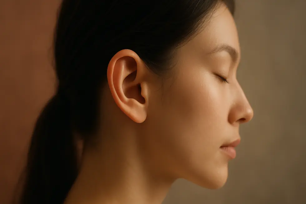 美しく整えられた耳の横顔のクローズアップ。耳形矯正によって得られる自信と美しさを象徴している。