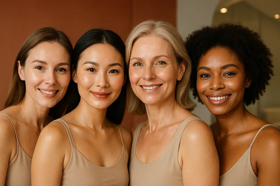 ジュベルックボリュームによって自然なハリと若々しさを手に入れた、さまざまな年代の女性たちの笑顔のポートレート。
