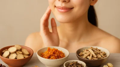 漢方薬の原料となる生薬と、透明感のある肌を持つ女性の柔らかな写真。