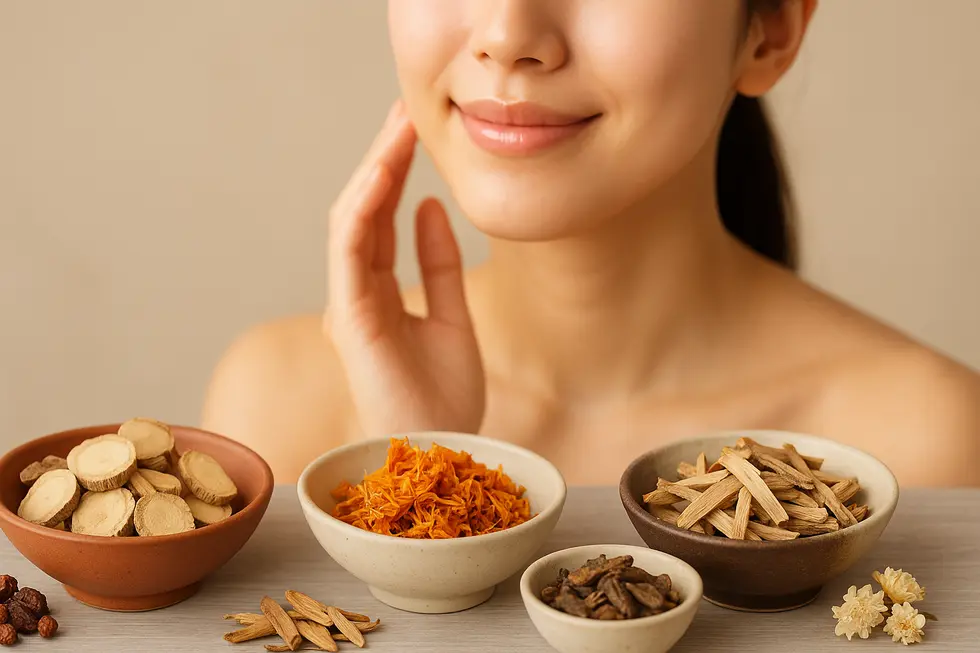 漢方薬の原料となる生薬と、透明感のある肌を持つ女性の柔らかな写真。