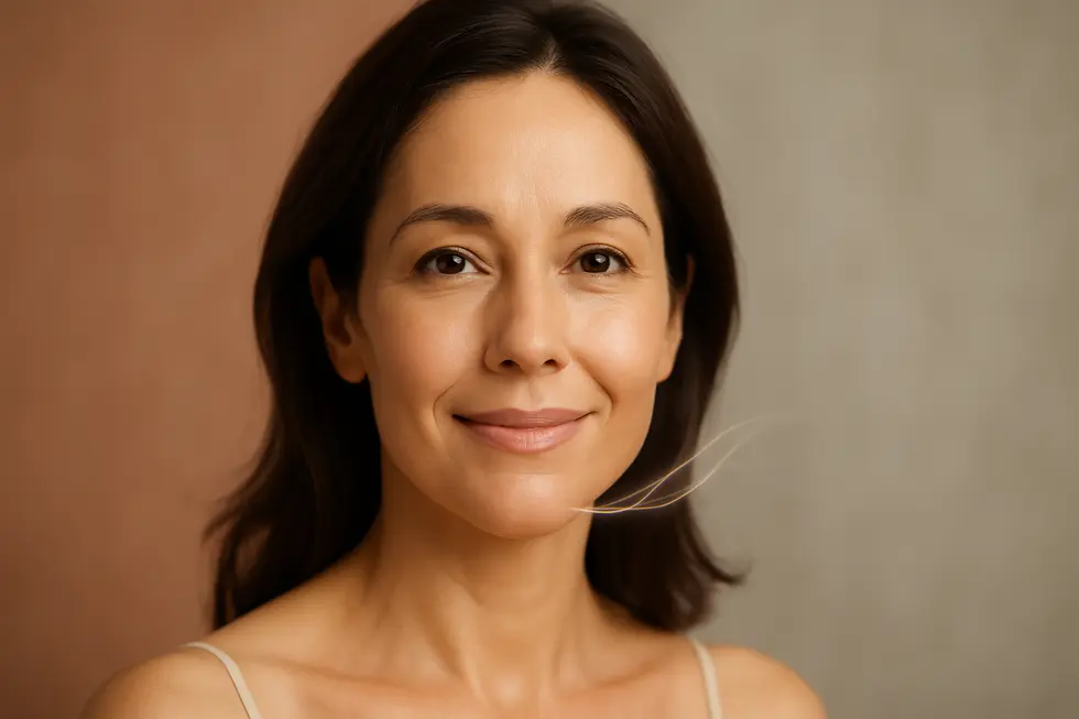 自然なリフトアップと輝く肌を持つ40代女性の顔。HIFU技術を象徴する光の波が顔に沿って流れる