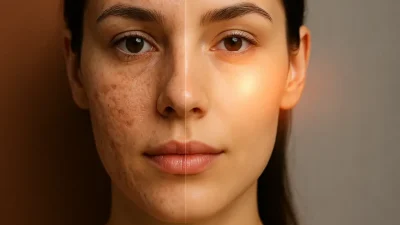 ニキビ跡と毛穴に悩む肌が、マルチセルレーザー治療によって滑らかで美しい肌へと変化する様子を示すカバー画像。