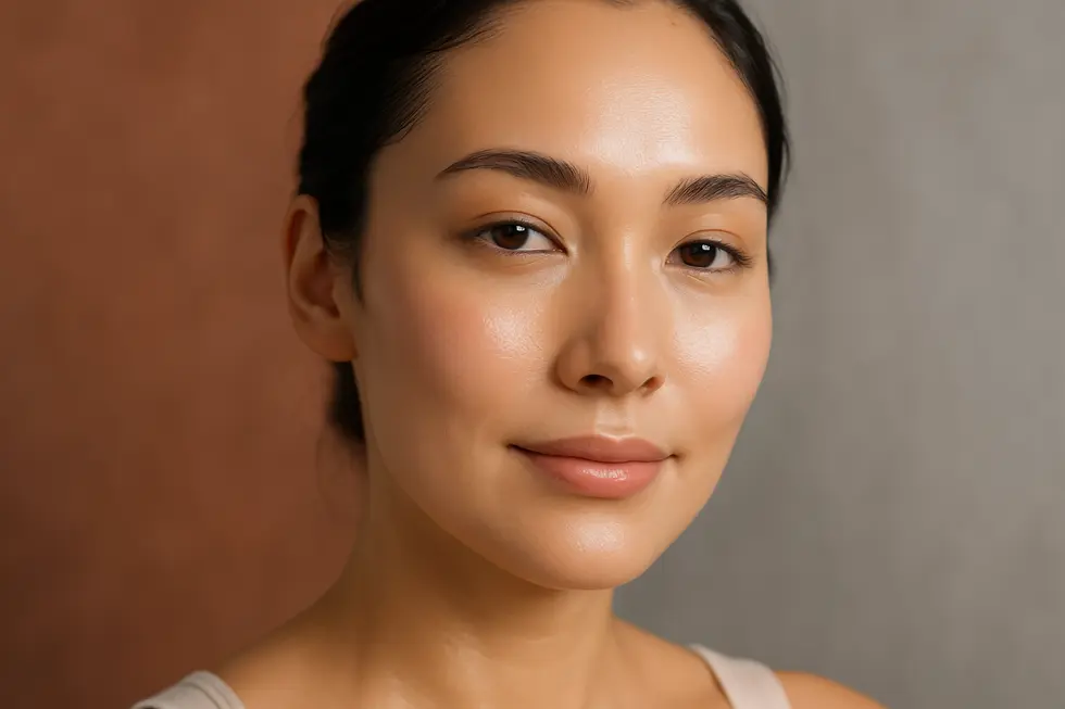 ノブリンレーザー後の滑らかで輝く肌を持つ女性のクローズアップ。自信に満ちた表情で、健康的な美しさを表現しています。