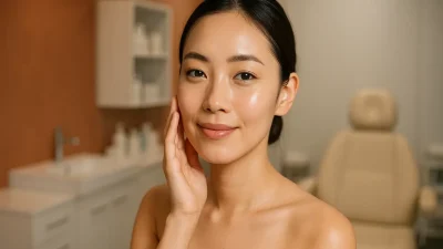 明るく澄んだ肌を持つ女性が頬に優しく触れている、モダンな美容クリニックを背景にした写真。