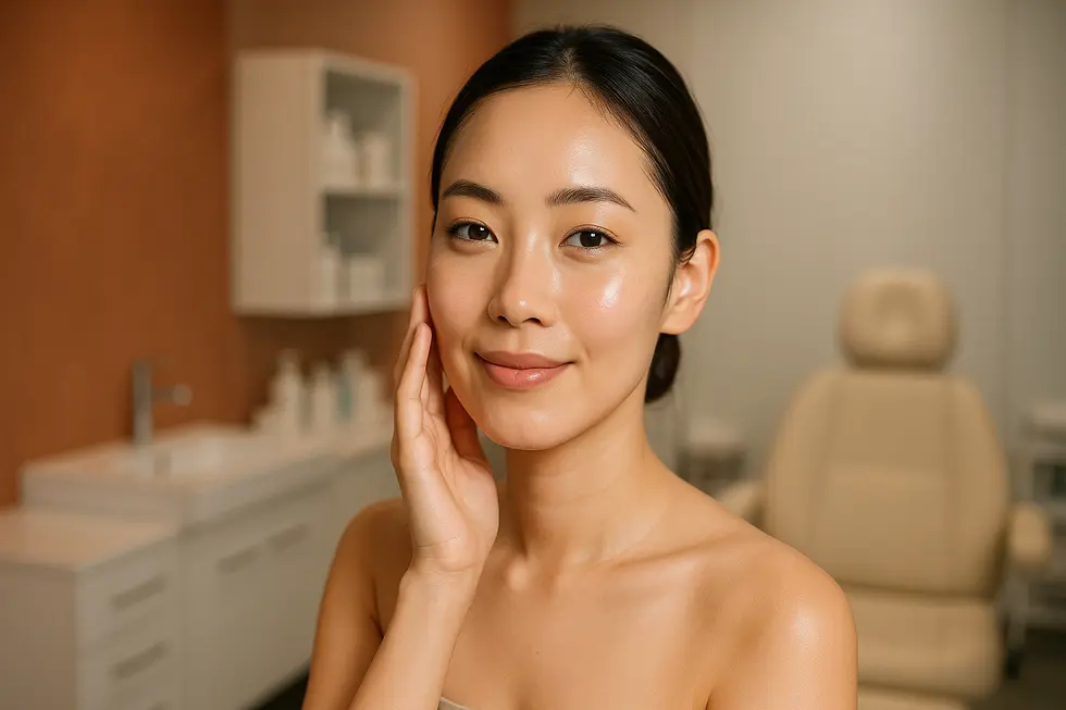 明るく澄んだ肌を持つ女性が頬に優しく触れている、モダンな美容クリニックを背景にした写真。