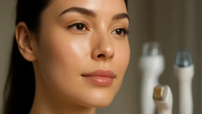 ピアーモ施術により毛穴が引き締まり、ハリとツヤのある美しい肌になった女性の顔のクローズアップ写真。