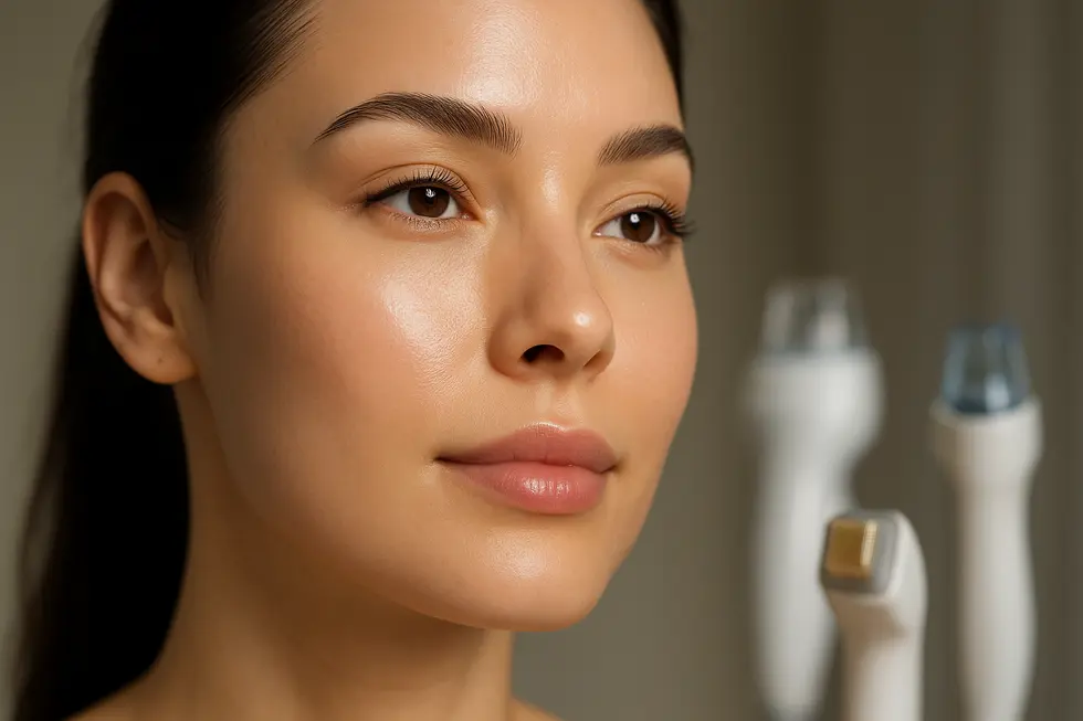 ピアーモ施術により毛穴が引き締まり、ハリとツヤのある美しい肌になった女性の顔のクローズアップ写真。