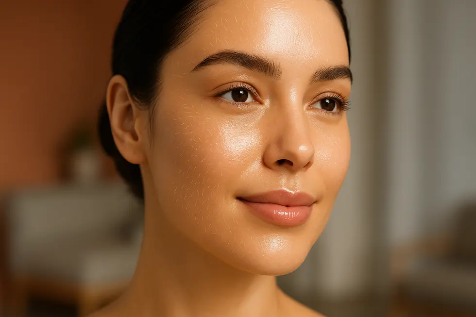 プラピール施術を受けた後の、滑らかで輝く肌を持つ女性の顔のクローズアップ画像。