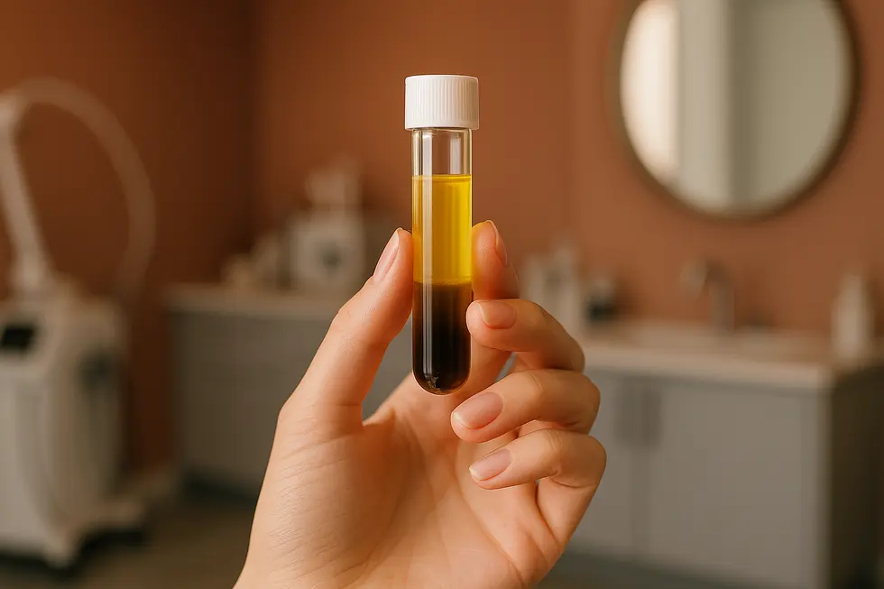 PRP（多血小板血漿）の入った透明なバイアルを優しく持つ女性の手。肌の再生医療を象徴する、暖かみのある光の中で。