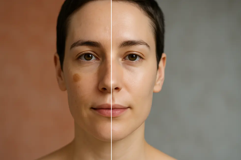 Qスイッチレーザー治療でシミが薄くなり、明るくなった肌のビフォーアフターイメージ