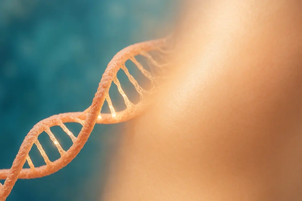 サーモンDNAが健康的な人間の肌へと変化していく様子を描いた、科学と自然が融合したフォトリアルなイメージ。