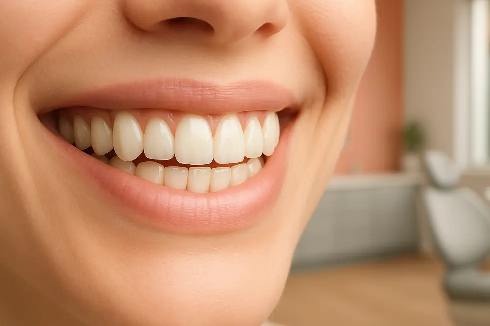 レジン治療によって自然で美しい見た目になった歯のクローズアップ画像。清潔感と健康的な印象を与えます。