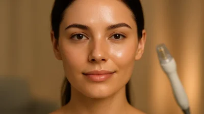 スカーレットレーザー治療を受けた後のような、光り輝くハリのある女性の顔のクローズアップ。