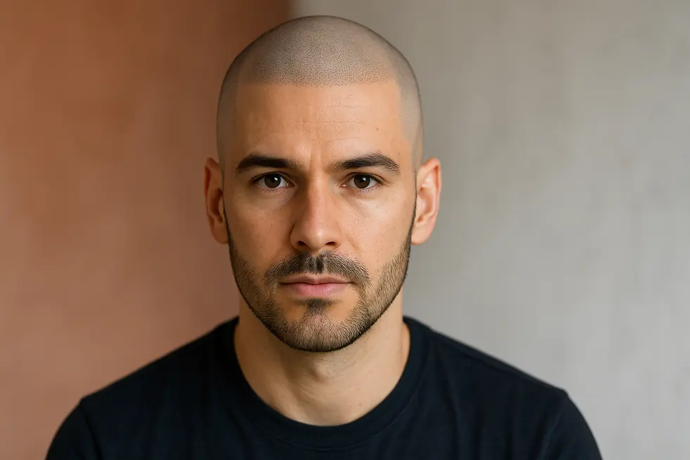 SMP施術により自然なヘアラインと密度を取り戻し、自信に満ちた表情の人物のクローズアップ。