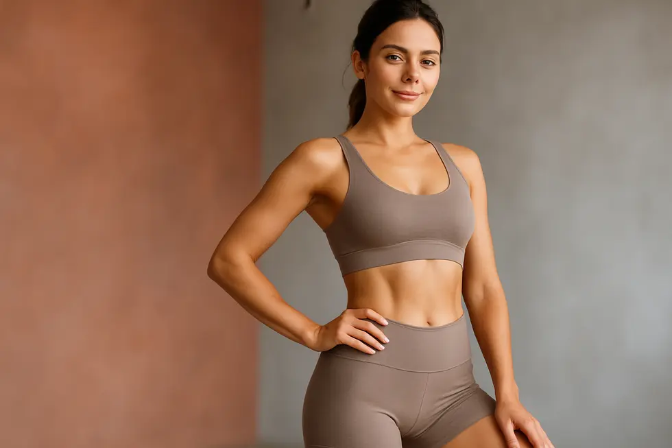 トリプルボディ施術によって引き締まったウエストと太ももを自信を持って見せる女性。