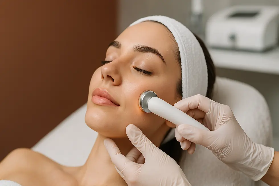 美容クリニックでビタミンイオントフォレーシスを受ける女性の顔のクローズアップ。肌が輝き、プロの手による施術の様子がわかる。