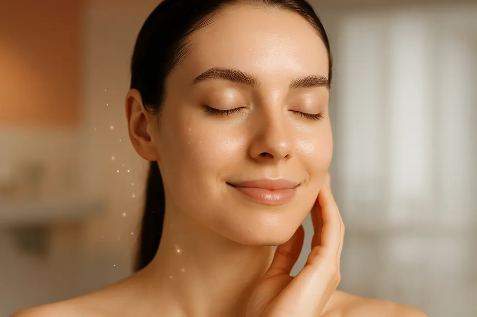 微細な光が肌に浸透していく様子を表現した、透明感あふれる女性のクローズアップ。ビタミン管理による美肌効果を象徴。