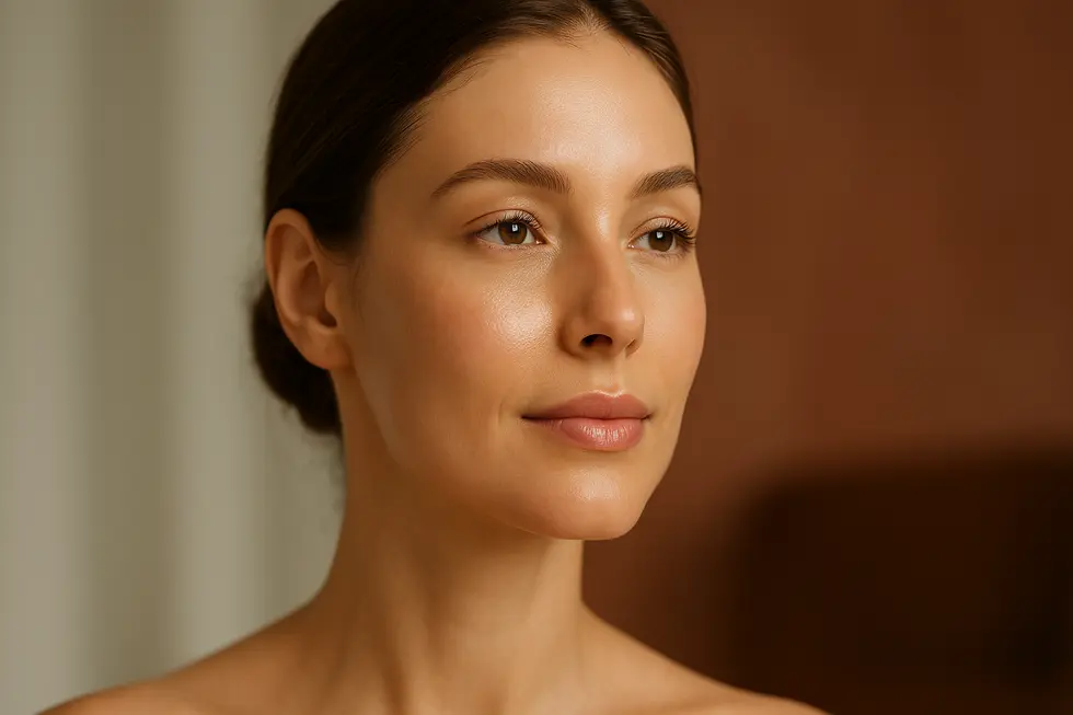 V-RO施術により、肌のハリと弾力が向上し、フェイスラインが引き締まった女性の横顔。