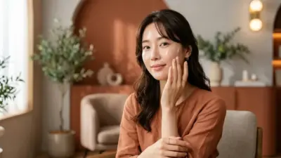 A beautiful Korean woman with glowing hydrated skin gently touching her cheek.