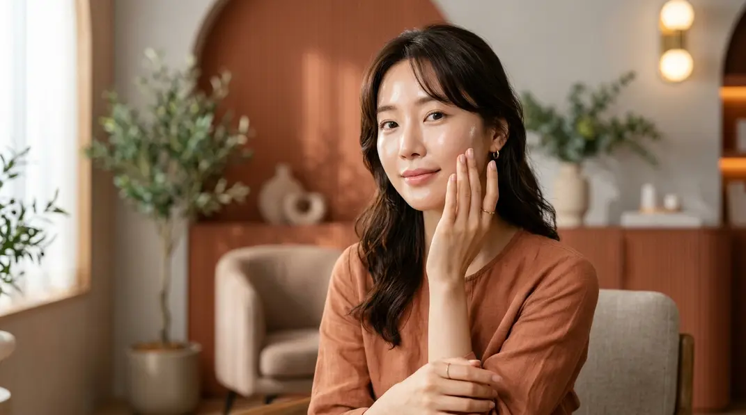 A beautiful Korean woman with glowing hydrated skin gently touching her cheek.