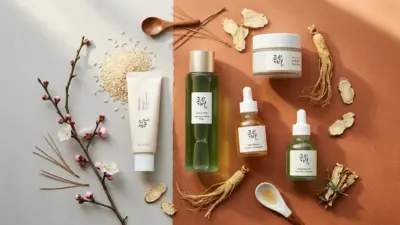 Beauty of Joseon skincare bottles elegantly arranged with Hanbang ingredients like ginseng and rice.