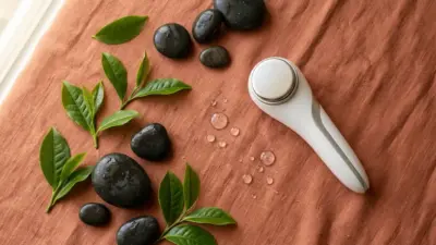 Aesthetic flat lay of green tea leaves, volcanic stones, and medical ultrasound equipment on a terracotta background.