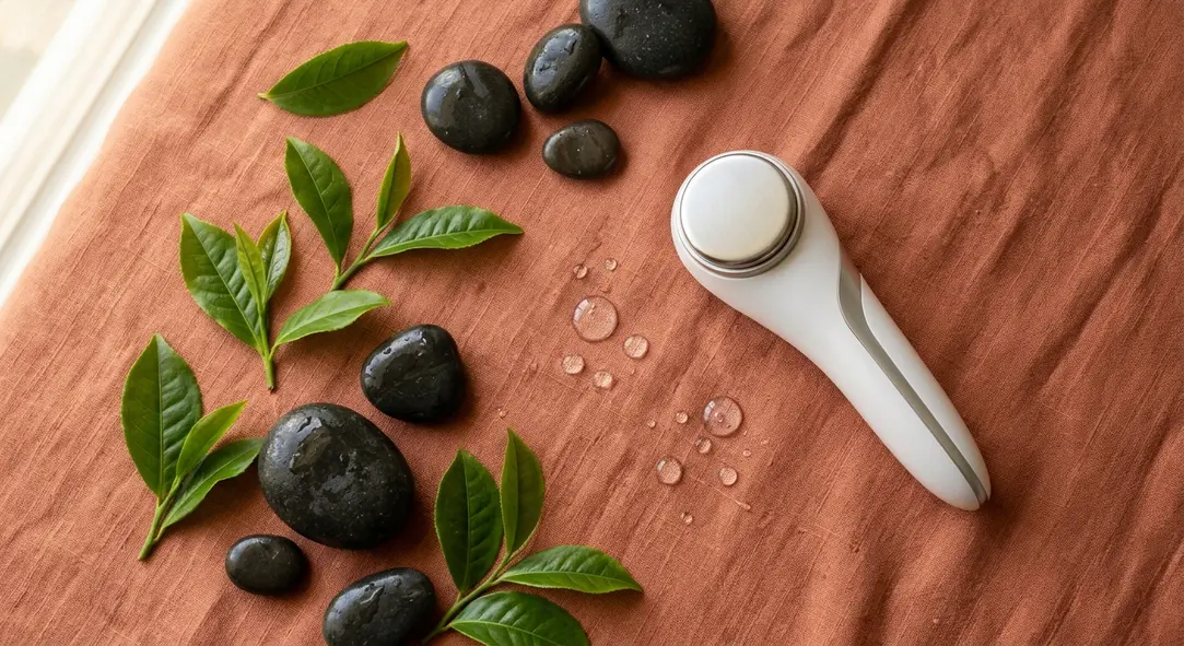 Aesthetic flat lay of green tea leaves, volcanic stones, and medical ultrasound equipment on a terracotta background.