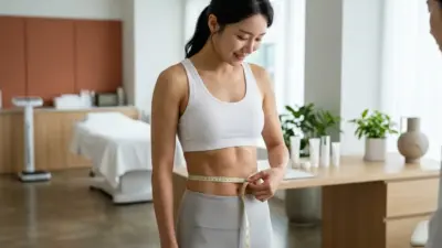 明るく清潔感のあるクリニックで、引き締まったお腹にメジャーを巻いている様子を表したイメージ画像