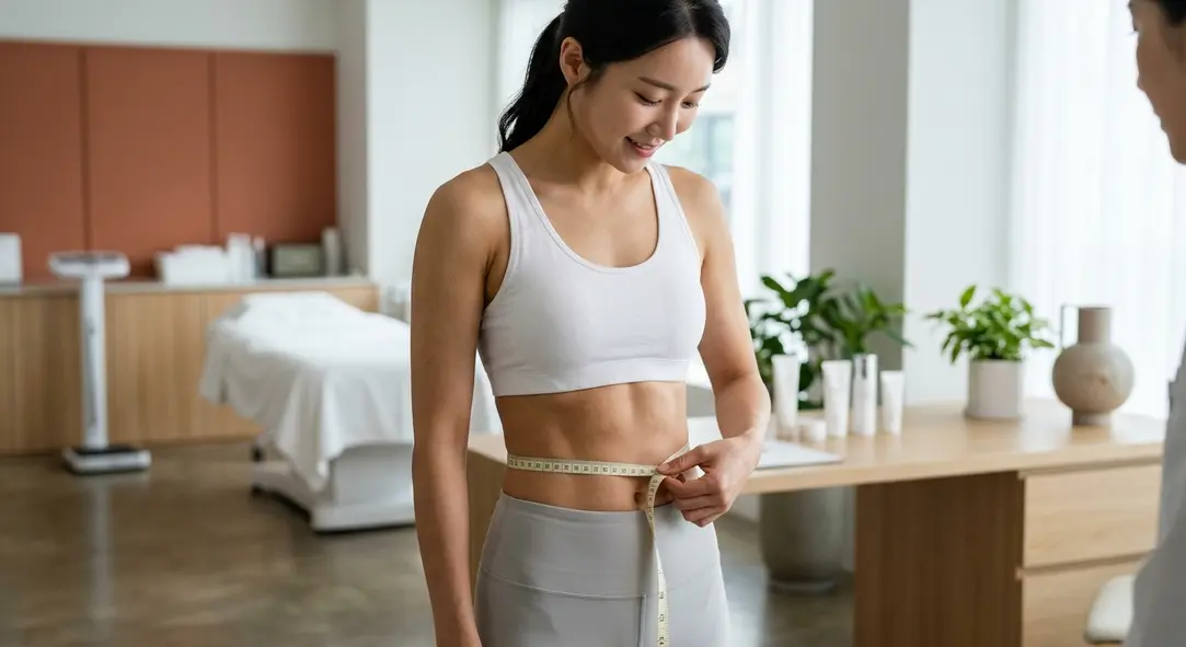 明るく清潔感のあるクリニックで、引き締まったお腹にメジャーを巻いている様子を表したイメージ画像