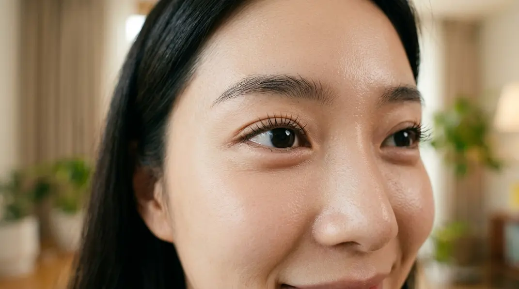 A close-up portrait of a young woman showing natural, plump under-eye aegyo-sal.