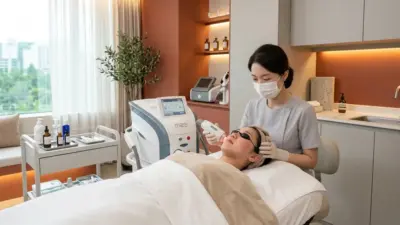A highly detailed, realistic photo of a clean, bright aesthetic clinic interior in Korea