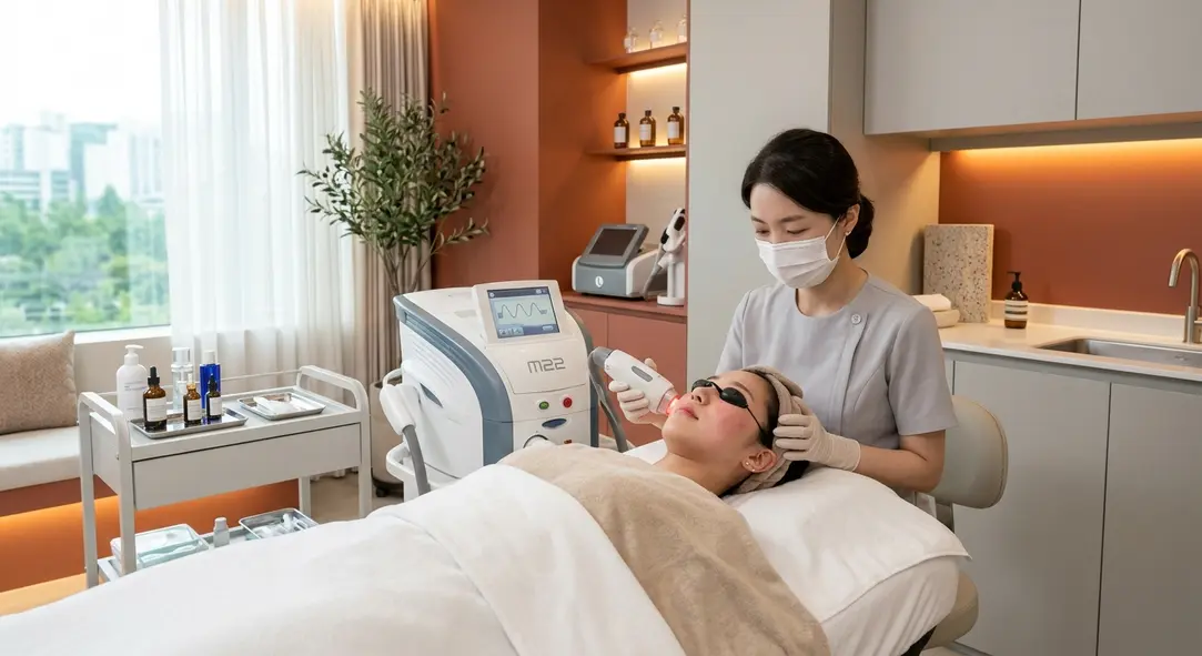 A highly detailed, realistic photo of a clean, bright aesthetic clinic interior in Korea