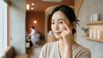 A woman looking relieved and satisfied with her natural double eyelids in a modern aesthetic clinic