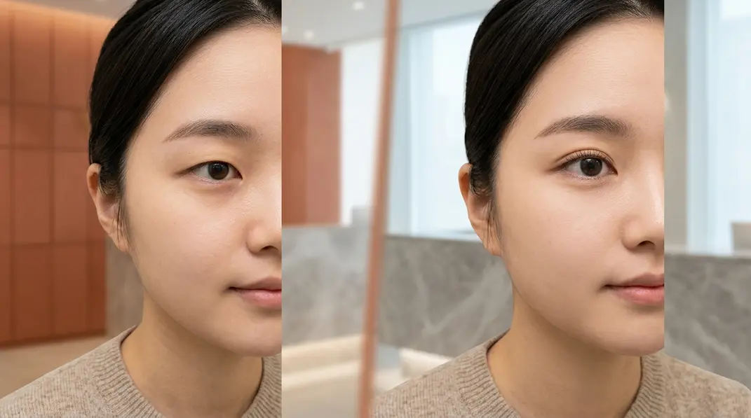 Before and after concept showing beautiful, large eyes of an Asian woman in a clinical yet aesthetic setting.