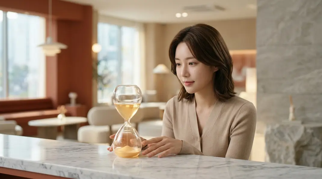 An elegant glass hourglass filled with glowing golden liquid on a marble surface, symbolizing purified fat and stem cells in Korean medical aesthetics.
