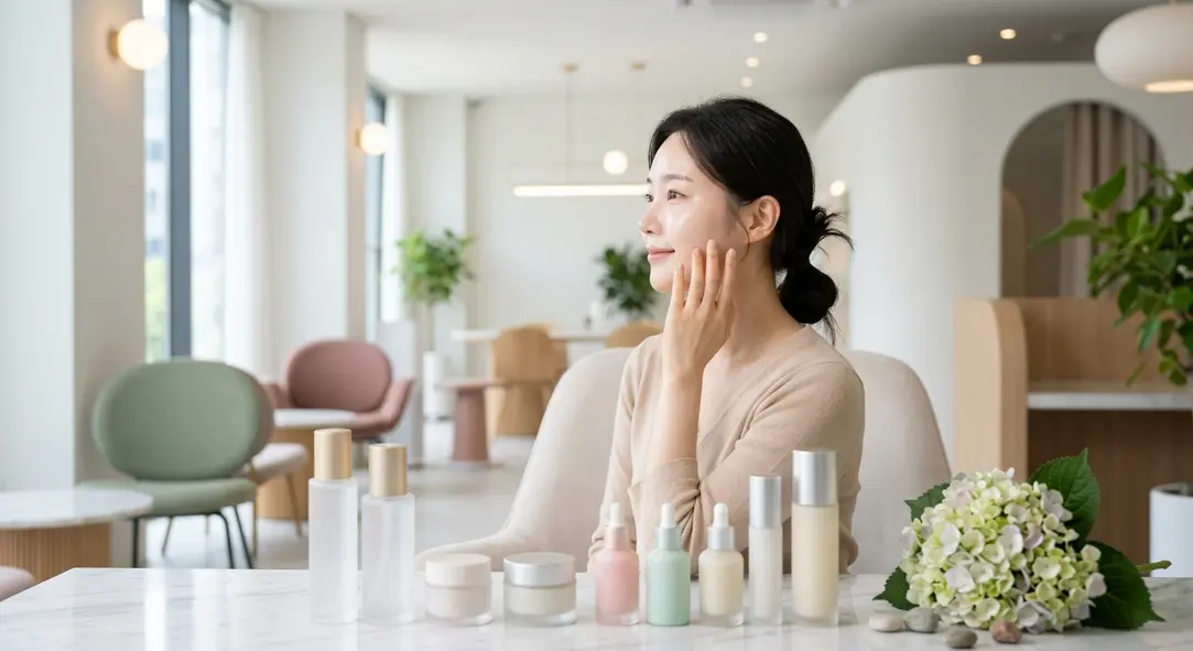 Bright and modern Korean beauty clinic interior with a focus on clear skin aesthetics.