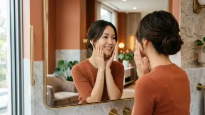 鏡を見ながら頬に手を添える美しい女性