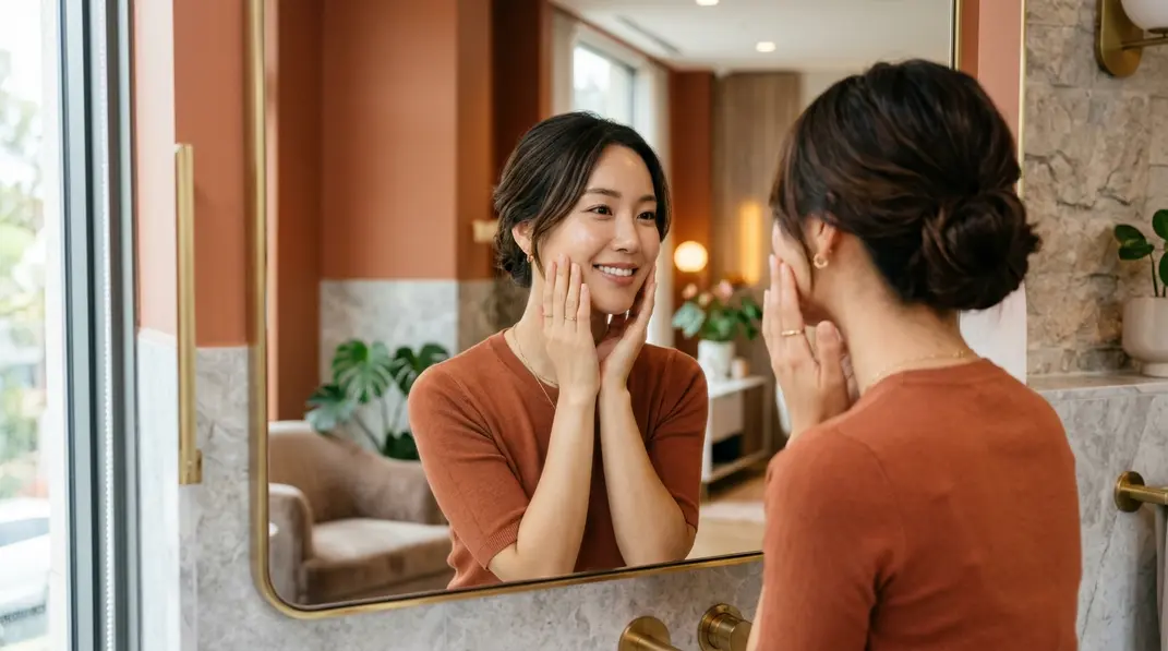 鏡を見ながら頬に手を添える美しい女性