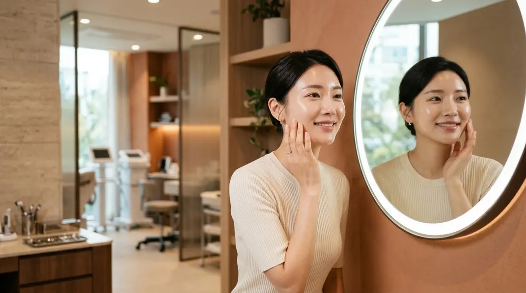 A confident woman checking her flawless skin in a bright, modern Korean dermatology clinic.