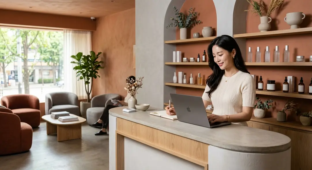 A beautifully styled aesthetic dermatology clinic interior in South Korea, featuring warm terracotta and light gray tones.